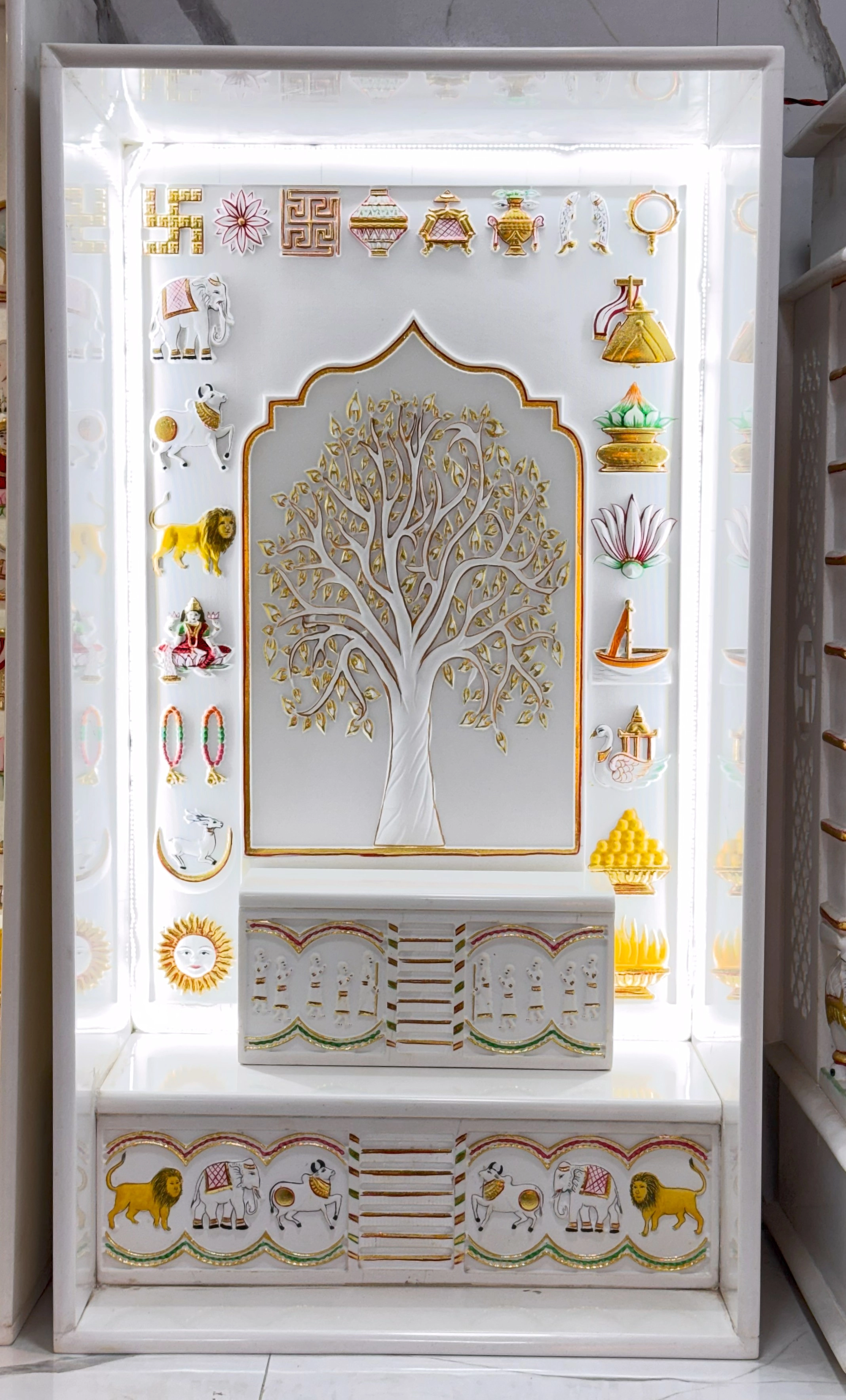 Traditional design mandir showcasing 14 swapnas carvings