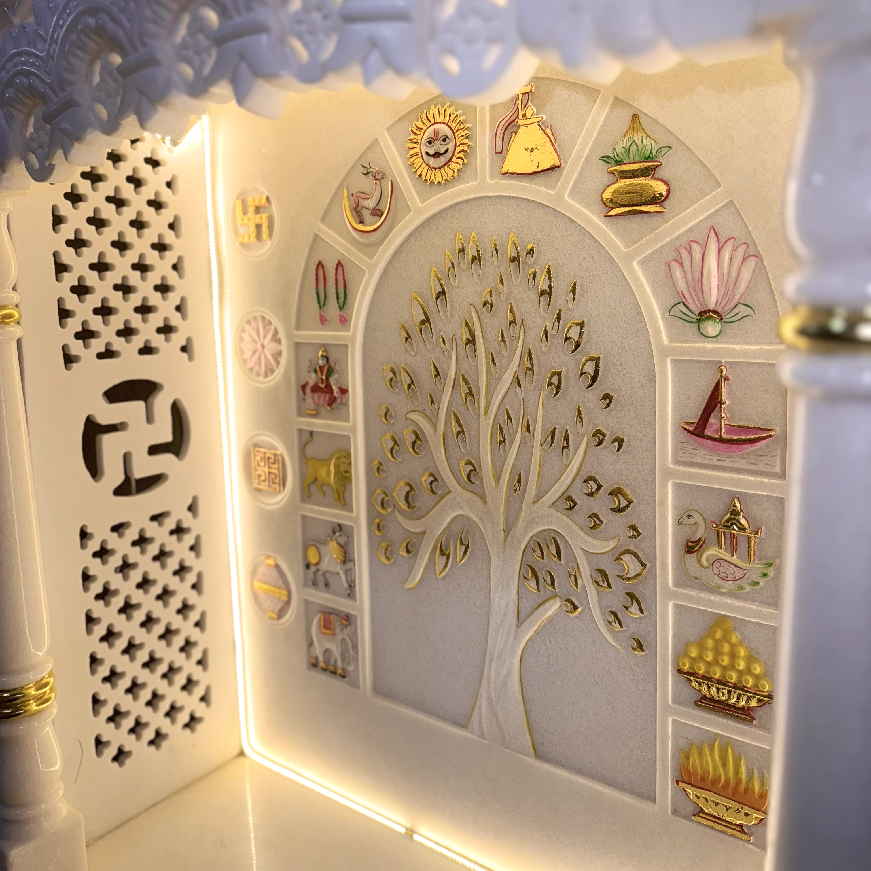 Elegant australian marble mandir with intricate jain carvings